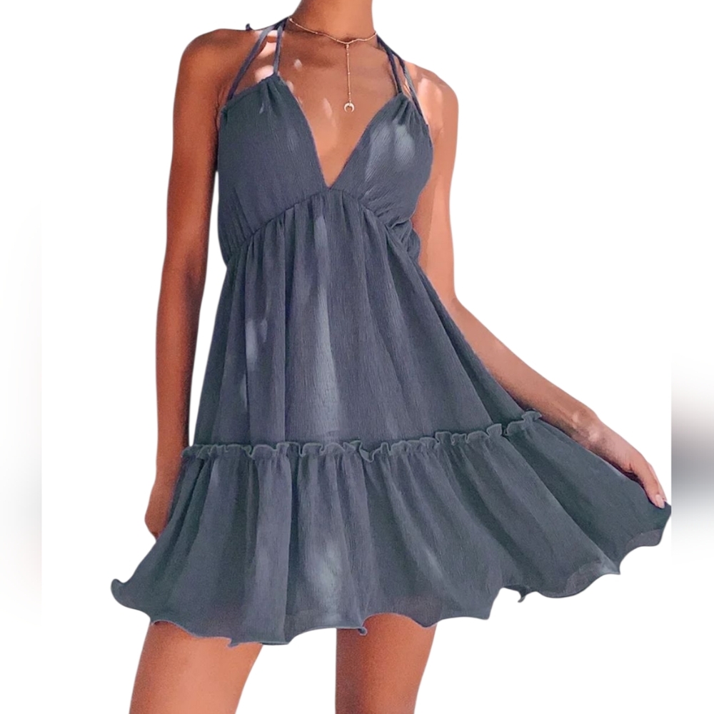 Lulu's Tiered Halter Babydoll Mini Dress Blue Gray Crinkle Chiffon Flowy